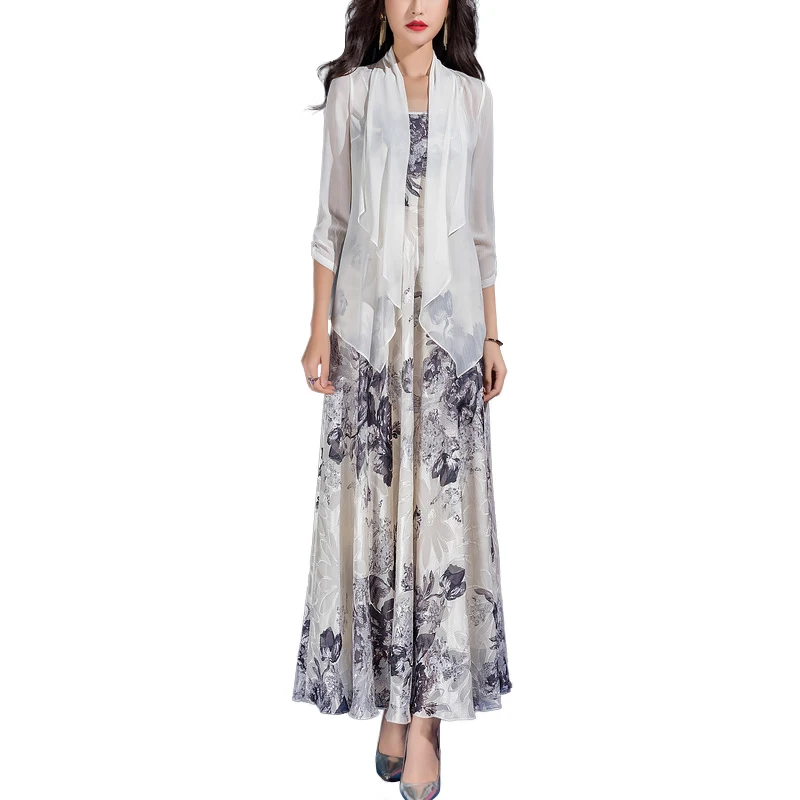 

2021 Spring Summer Latest Design Fashion Elegant Woman Floral Match Clothing Chiffon Jacket Dress Two Pieces Set