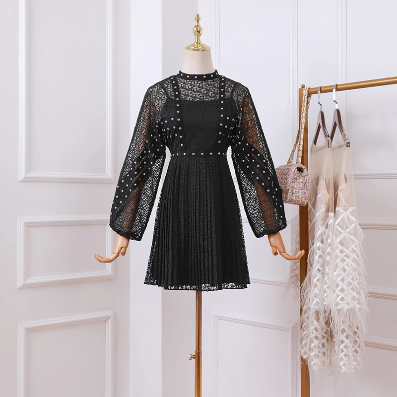 Темперамент черный плиссированный был тонкий Французский Ретро с длинными