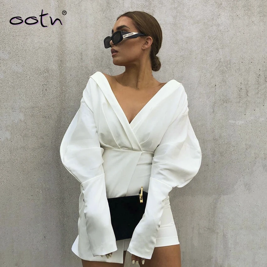 Осень зима мини платье с v образным вырезом женское белое короткое элегантное 2019