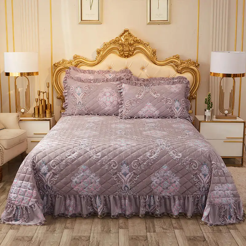 

Gray Crystal velvet Quilted Bedspread 6 Color Designs Lace edge Bed Cover Bed Sheet Blanket Pillowcases 3pcs