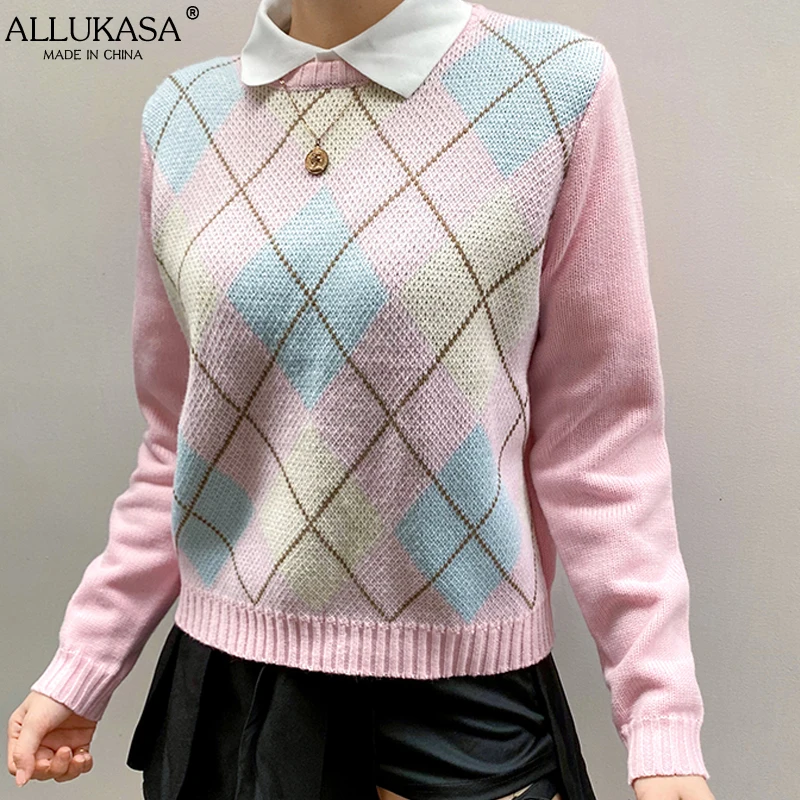 

Allukasa Woman Argyle Plaid Sweaters Long Sleeve Pullover Preppy Style Girls Ladies Knitwear Female Casual Loose Jumpers Sweater