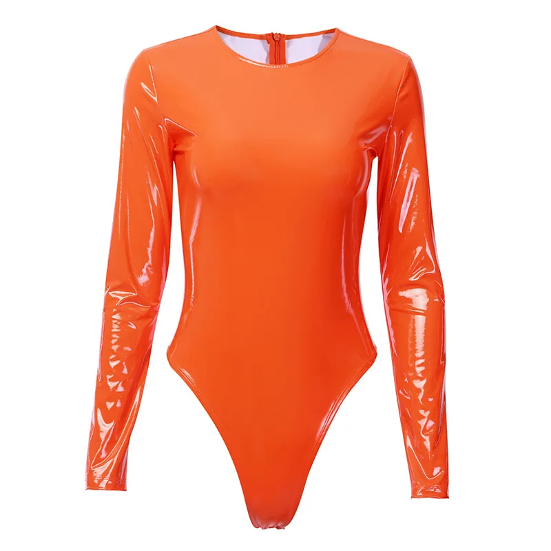 Shstyle неоновое осеннее Женское боди из искусственной кожи с круглым вырезом