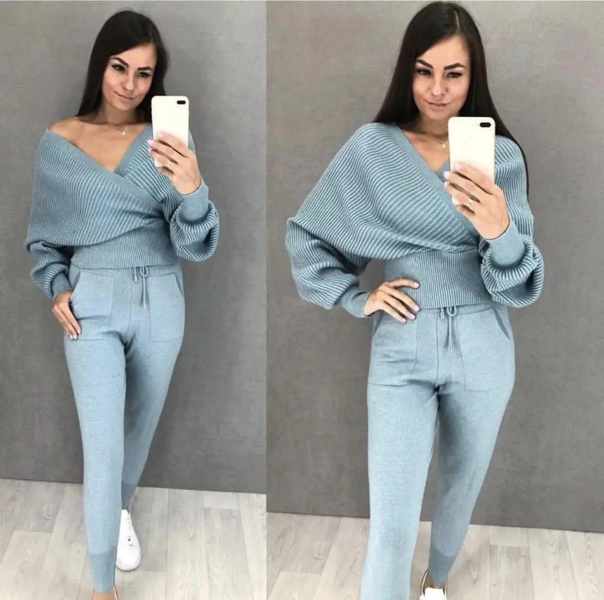 Женский трикотажный свитер костюм из двух частей комплект сплошной сексуальный v