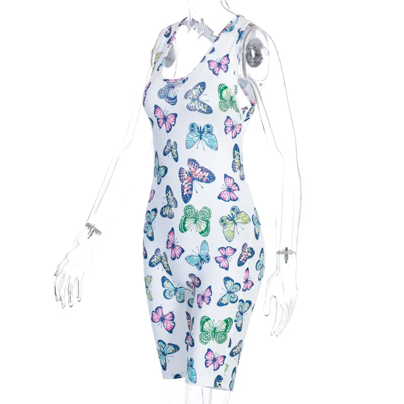 

Summer Butterfly Print Backless Sporty Jumpsuits Ruched Workout Active Wear Sleeveless 2020 Summer Rompers Womens Jumpsuit New
