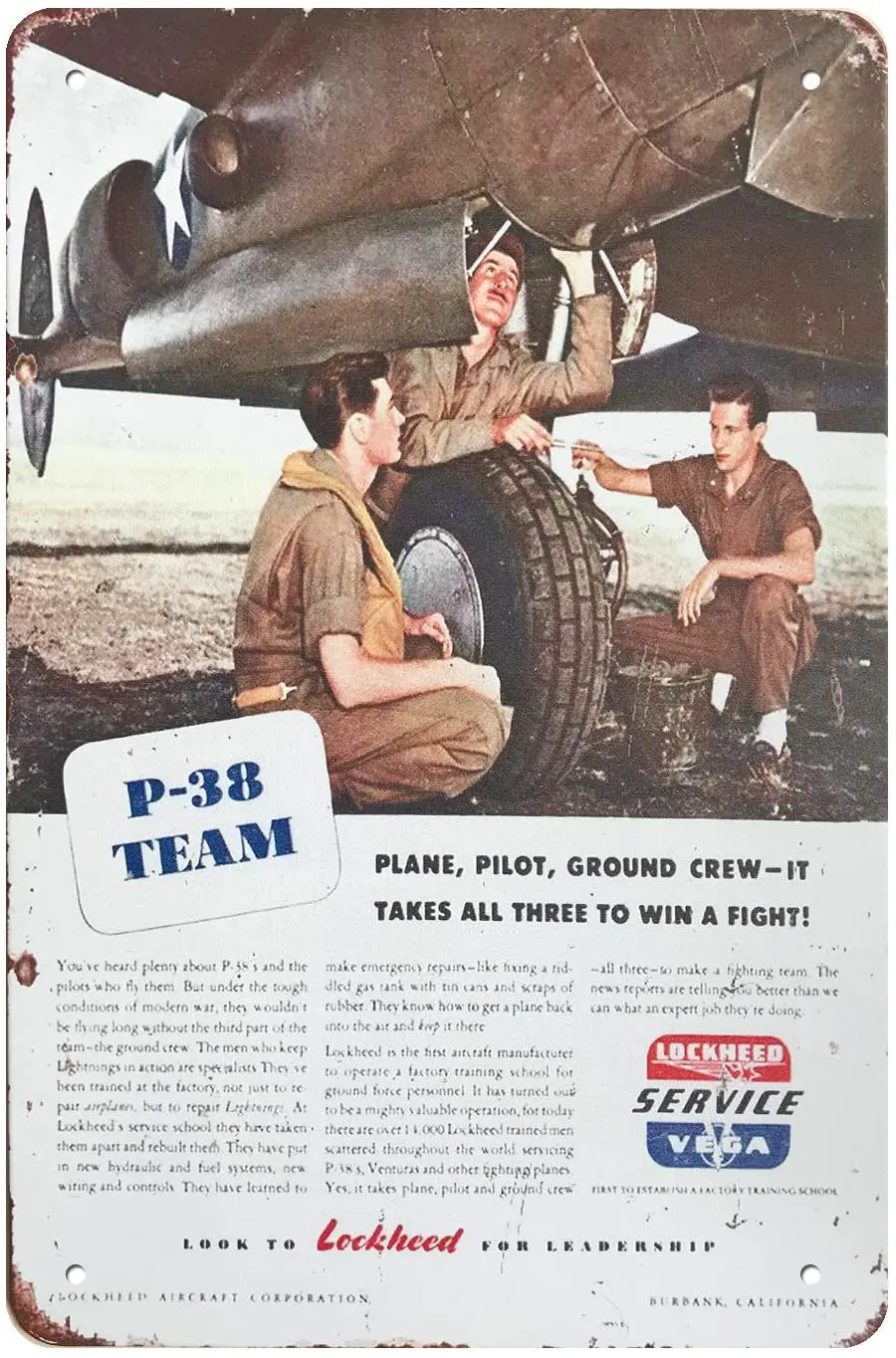 

Wall Plaque 8X12 Inch 1944 WWII Lockheed P-38 Lightning Pilot Rustic Retro Metal Sign Man Cave Garage Tin Plate