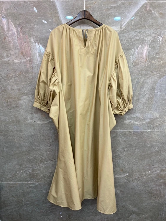 

2021 spring and summer new women's round neck solid color decoration bat sleeve lotus leaf pendulum long sleeve long dress 309