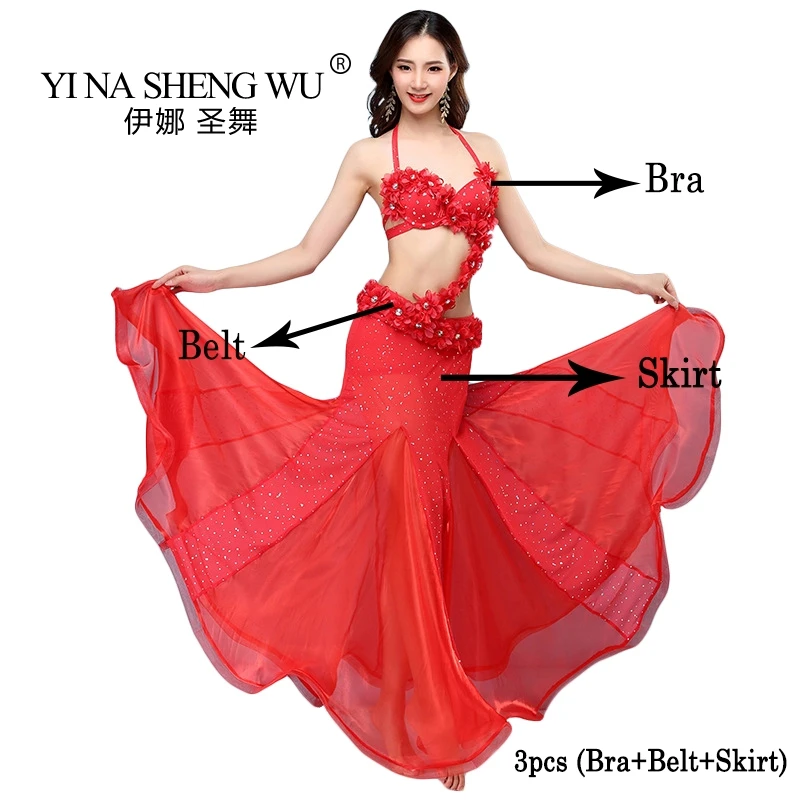 Red - 3 PCS 2/3 шт набор новых танцевальных костюмов для взрослых, костюм для танца живота, бюстгальтер из бисера, сексуальная танцевальная одежда для выступлений, индийский танец, сценическое представление - Color: Red - 3 PCS