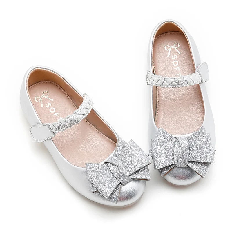 

Cute bowtie girls shoes kids mary jane shoes for girls children princess flats party shoes size 22-35 pink and silver color