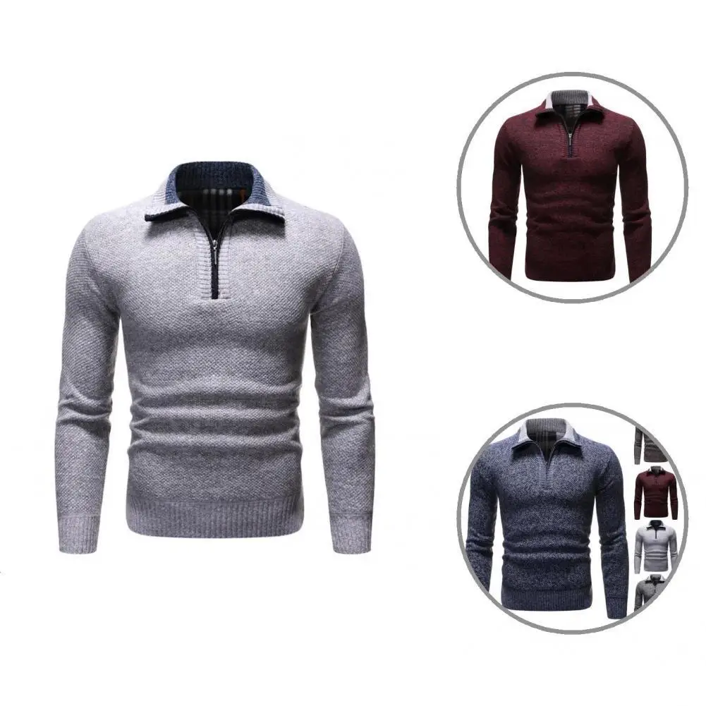 

Men Knitwear Ribbed Cuffs Classic Long Sleeve Zipper Neck Men Pullover Sweater
