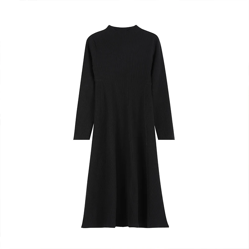 

Women's Knitted Dress For Autumn Winter Round Neck Slim Fit With A-Line Base Long Over-The-Knee Sweater Skirt
