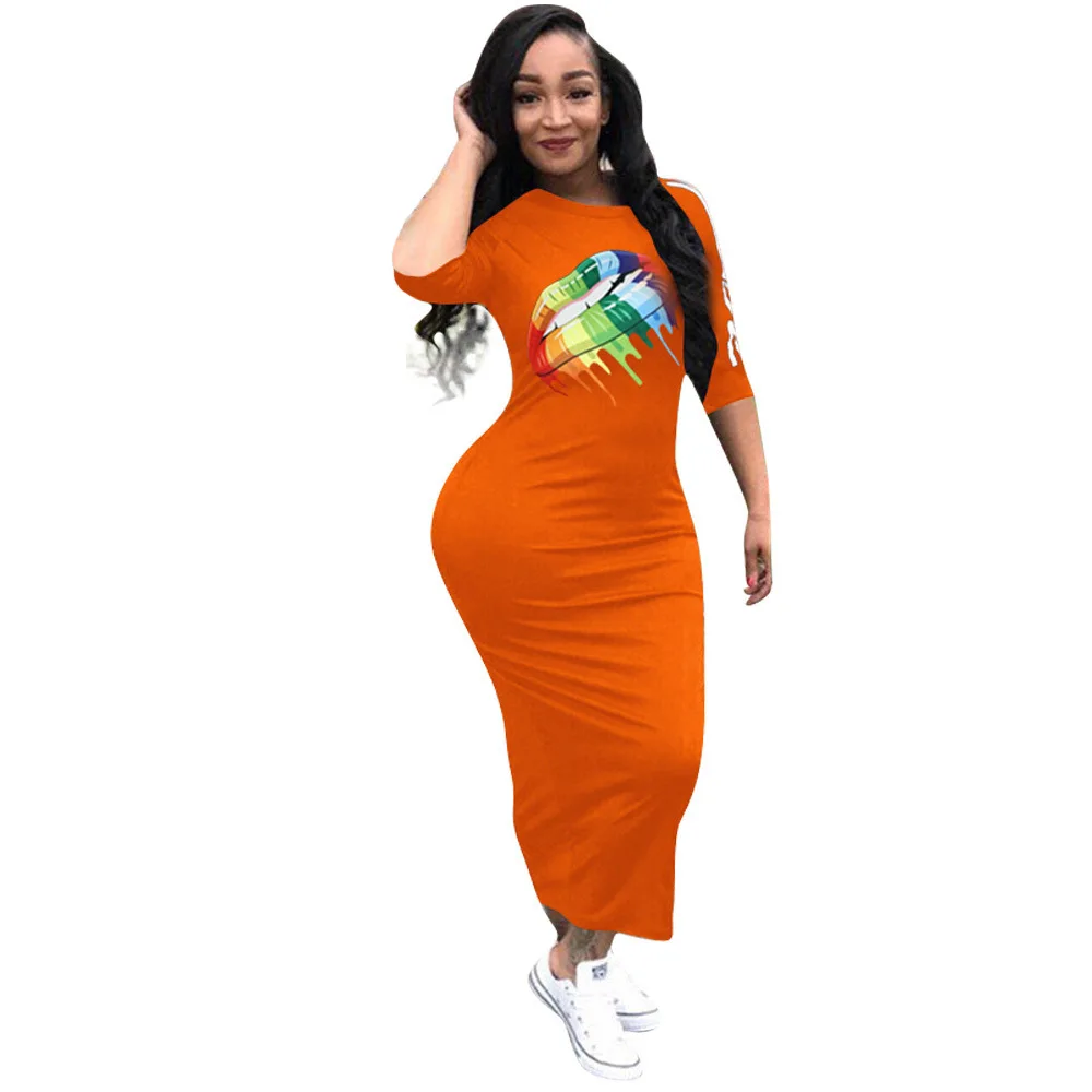 Повседневное Для женщин Bodycon платье летние модные разноцветные радужные губы офсетная печать обхват талии, обхват бедер, ужин платья для Для женщин vestidos mujer