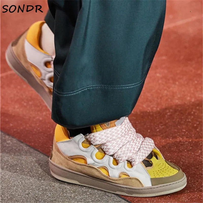 

Fashion Spring Women Thick Sole Genuine Leather Sneakers 2021 Mixed Color Lace Up Casusal Shoes Round Toe Woman Vulcanize Shoes