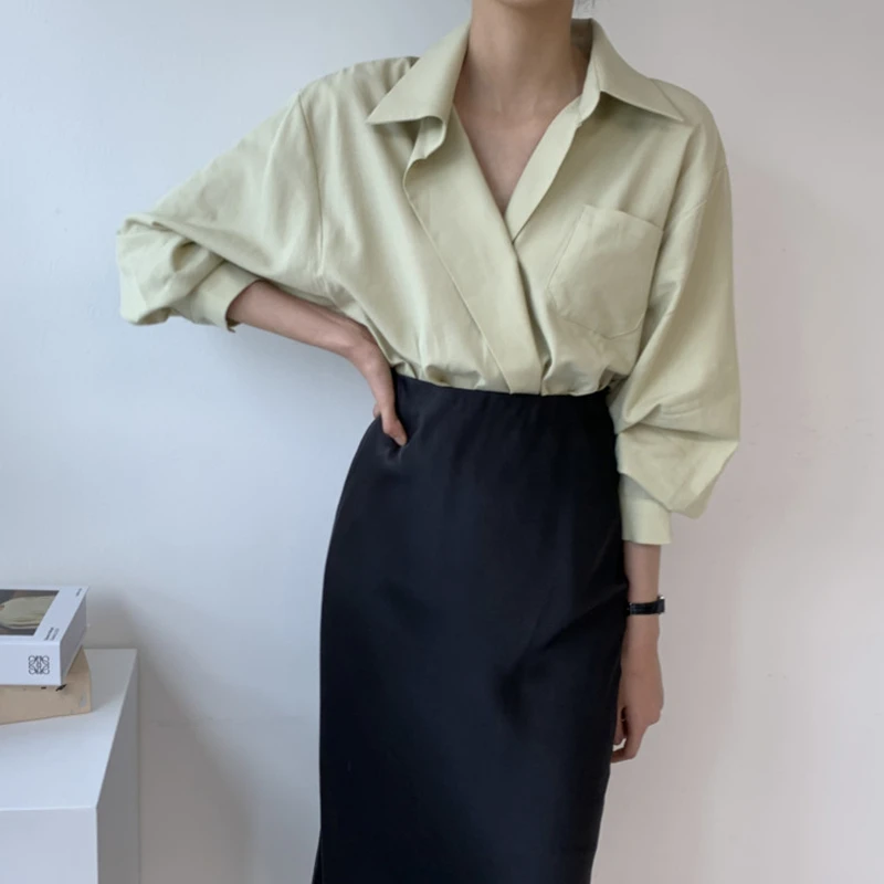 

Женская Асимметричная блузка, однотонная элегантная винтажная блузка большого размера в Корейском стиле, розовый топ для весны и лета, 2021