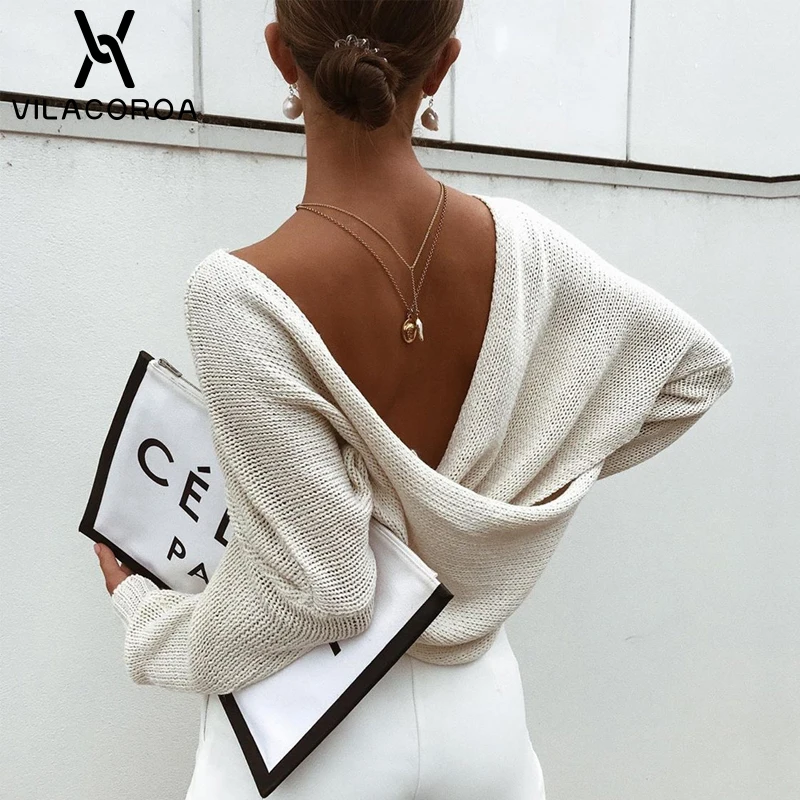 Свитер женский трикотажный с открытой спиной длинным рукавом V-образным вырезом |