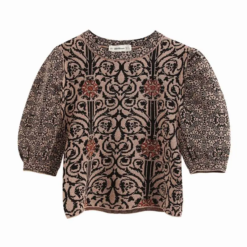 Женские трикотажные топы весна 2020 новый модный короткий рукав жаккардовый узор с