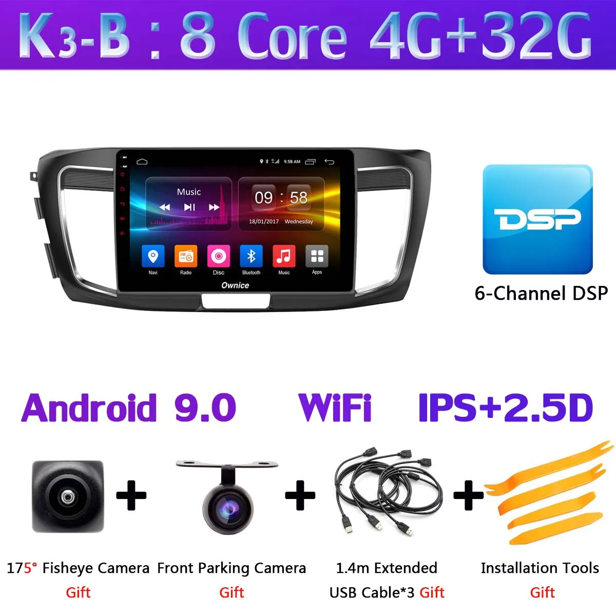 K3-B 360 ° камера 4G SIM 8 ядерный Android 9,0 4G+ 64G gps радио CarPlay SPDIF DSP Автомобильный плеер для Honda Accord 9 - Цвет: K3-B