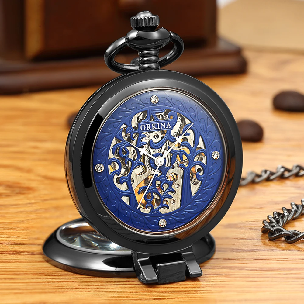 Vintage Table Stand Hollow Mechanical Pocket Watch Hand Winding Golden Men Women Watches with Fob Chain Clock reloj de bolsillo