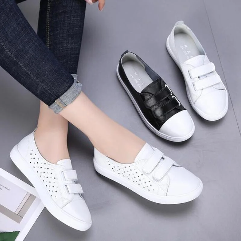 

Spring New Velcro White Shoes Genuine Leather Casual Shoes for Women Breathable Running Shoes and Students Sneakers Woman Shoes