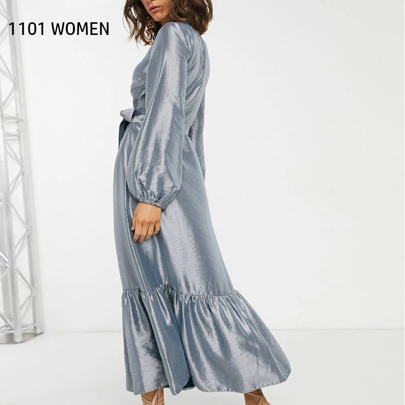 ZA новая весенняя женская серебряная шелковая ткань плиссированная с v образным