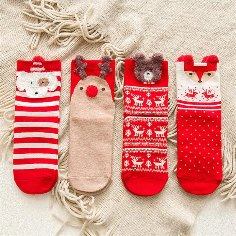 

new 4 pair women cotton socks 3d cartoon Red dog elk bear fox Christmas socks for spring autumn winter hot sale