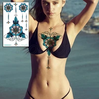 temporary chest tattoo sticker hanna flower blue mandala leaf necklace fake tatoo flash tatto waterproof for women men body art
