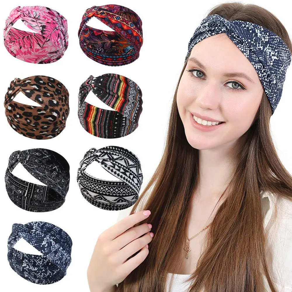 

Fashion Retro Elastic Head Wrap Women Printed Hairband Bohemia Headband Cross Stretch Turban Wide Brim Headband