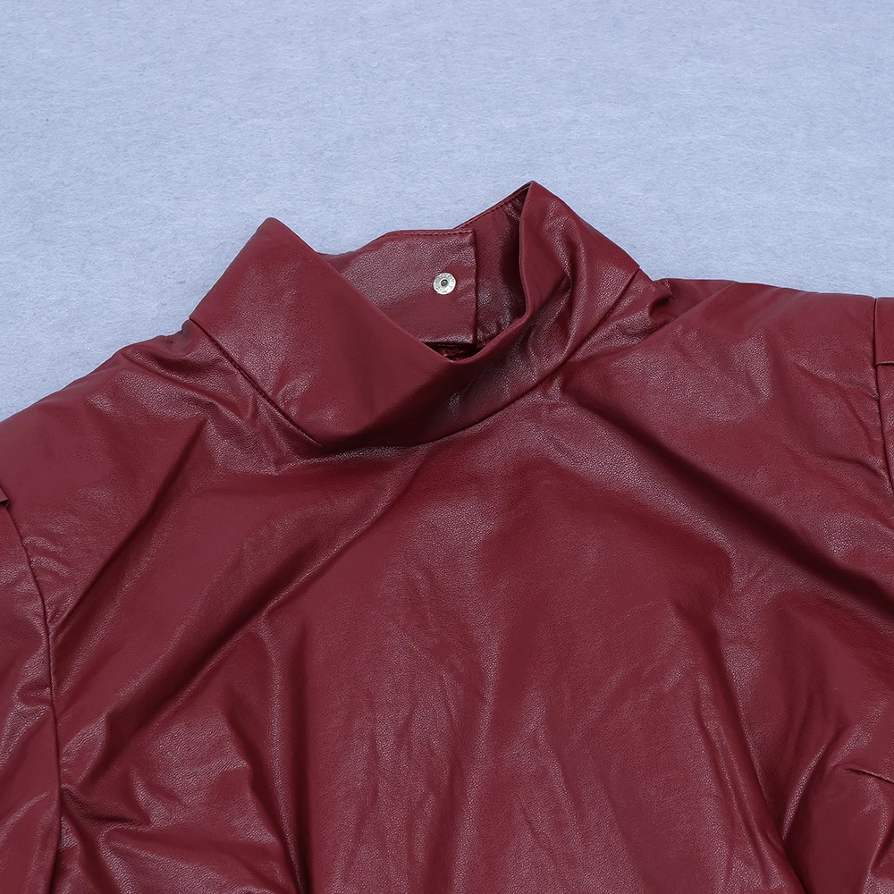 

Women Sexy Fashion High Street Full Sleeve Burgundy Leather Party Dress 2020 Elegant Celebrity Evening Party Dress
