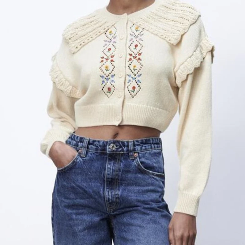 

ZXQJ 2021 Модный женский укороченный вязаный кардиган с вышивкой и оборками, свитер, винтажная женская верхняя одежда с длинным рукавом, шикарн...