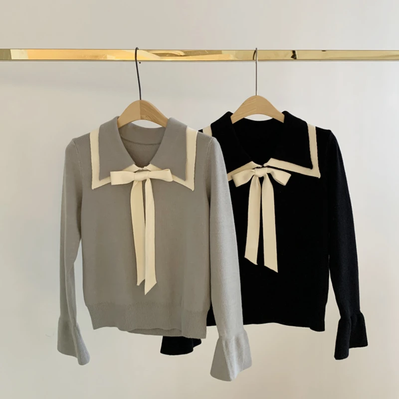 

Cotday Knit Flare Sleeve Bow Autumn Winter 2020 New Women Fashion Contrast Turn-down Collar Elegant Lady Pullovers Sweater
