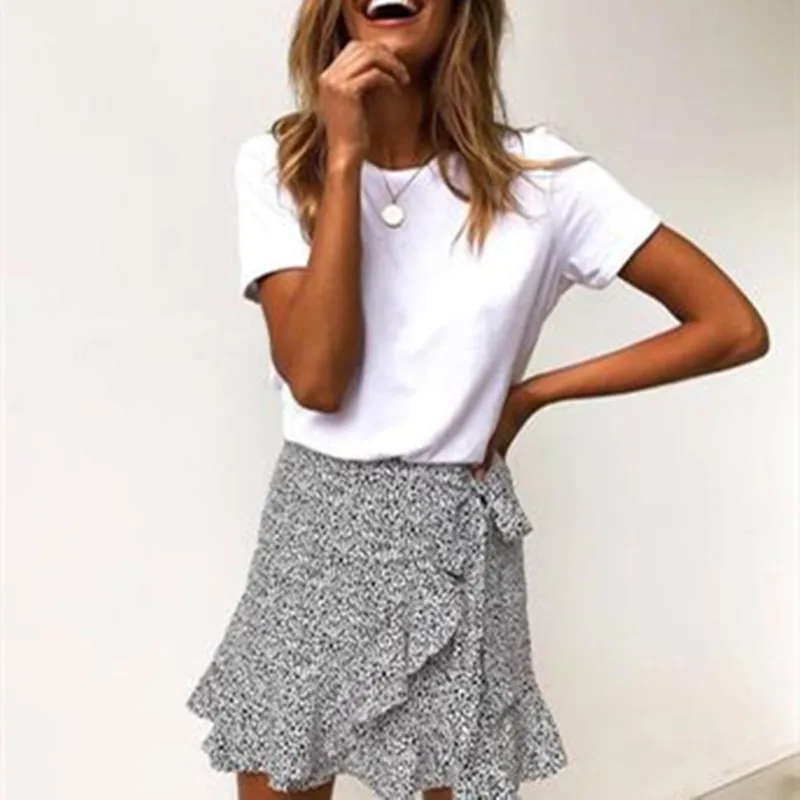 

Multi Dot Print Short Mini Skirts Women Summer Ruffle High Waist Bow Tie Skirt Ladies Streetwear Slim Bottoms 2021