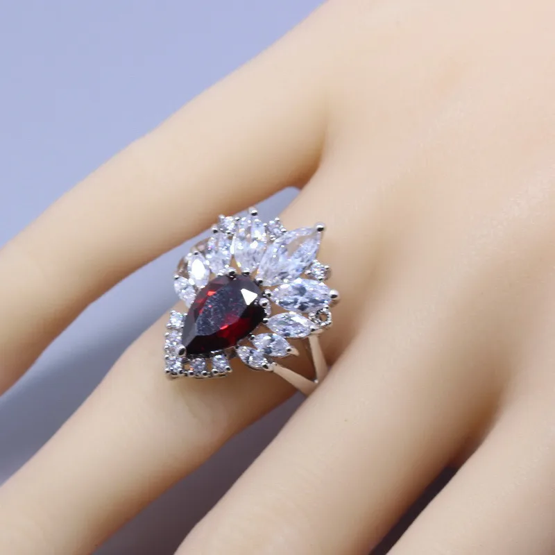 Ring 925 пробы серебро Для женщин костюм свадебный комплект ювелирных украшений родолит, кольцо с австрийским кристаллом Размеры 6/7/8/9/10 браслет 18 см Бесплатный подарок - Окраска металла: Ring