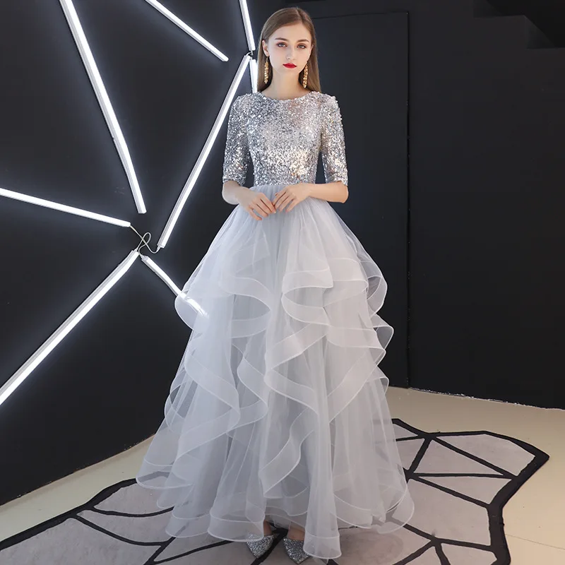 

KHR Evening Dresses Grey O-neck Half Sleeve Sequin A Line Ball Gown Floor-Length Open Back Lace Up Party Dresses Women Evening