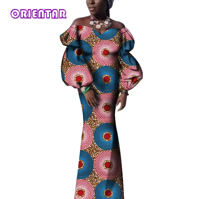 Bazin Riche African Dresses for Women Off Shoulder Puff Sleeve Ankara Dress African Wax Print Long Party Evening Dress WY3715