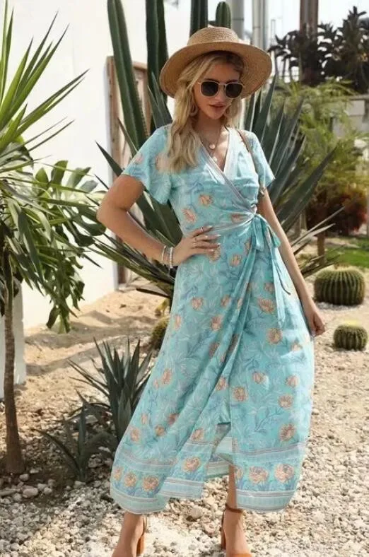 Женское летнее платье с запахом длинное V-образным вырезом цветочным принтом