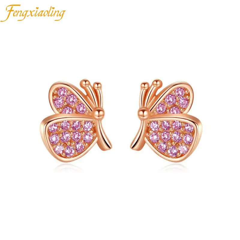 

925 Sterling Silver Cute Butterfly Inlaid Zircon Stud Earrings For Women Girl Trendy Insect Silver Earrings Fashion Jewelry Gift