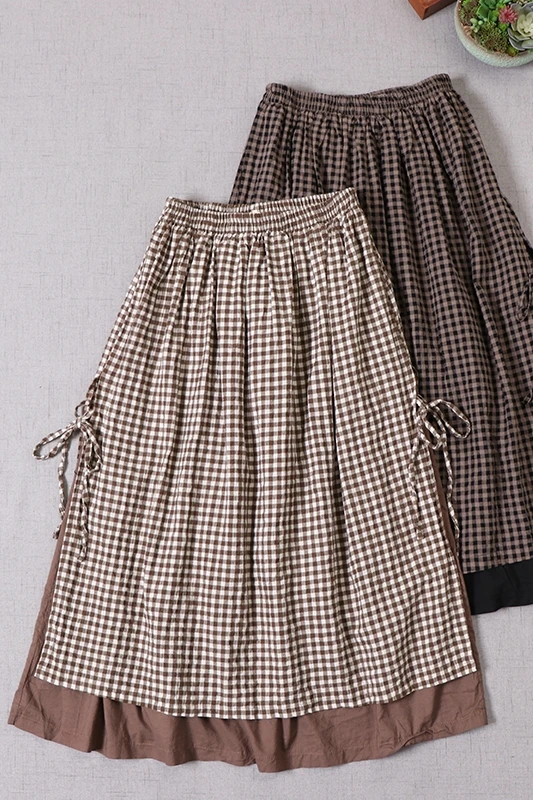 

Spring Autumn Japanese Female Literary Cotton Plaid Skirts Loose Elastic Waist Holiday Two Skirt Women Fashion