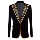Мужская Мода Королевский придворный принц черный бархат золото блейзер в полоску с вышивкой для мужчин Свадьба жениха приталенный костюм пиджак певец костюм