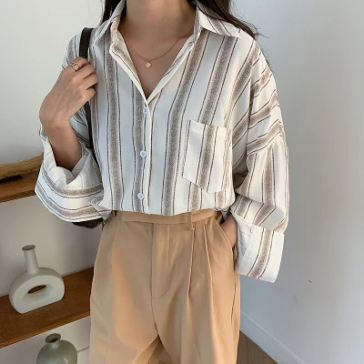 Осенние полосатые винтажные Свободные повседневные обычные шифоновые Базовые