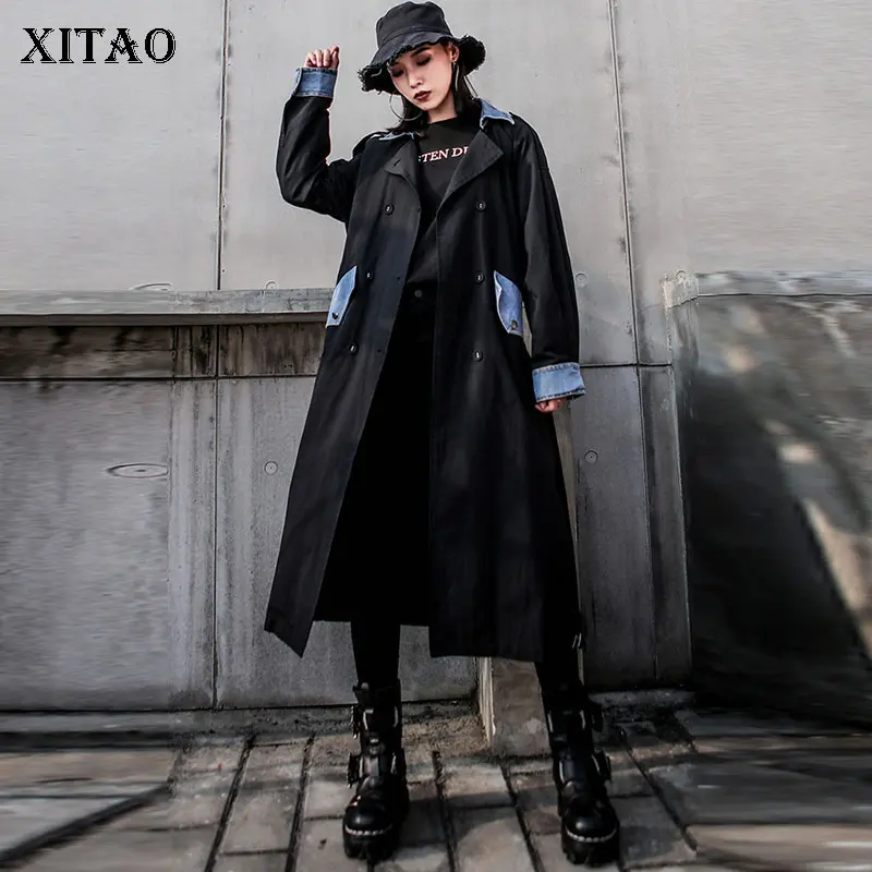 XITAO, черный женский длинный Тренч, модный, элегантный, с карманами,, осенний, пэчворк, богиня веер, двойная грудь, широкая талия, пальто, GCC1728