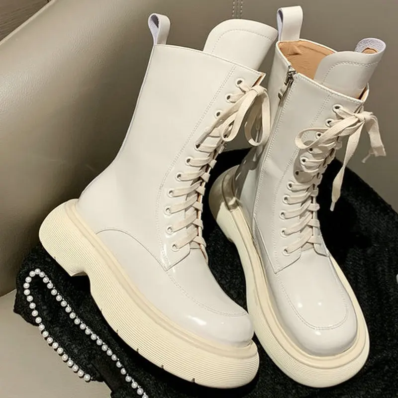 spesifikasi ESVEVA 2022 Sepatu Bot Berkendara Hak Med Tali Kulit Asli Ringkas Baru Sepatu Musim Dingin Wanita Ukuran 34-39