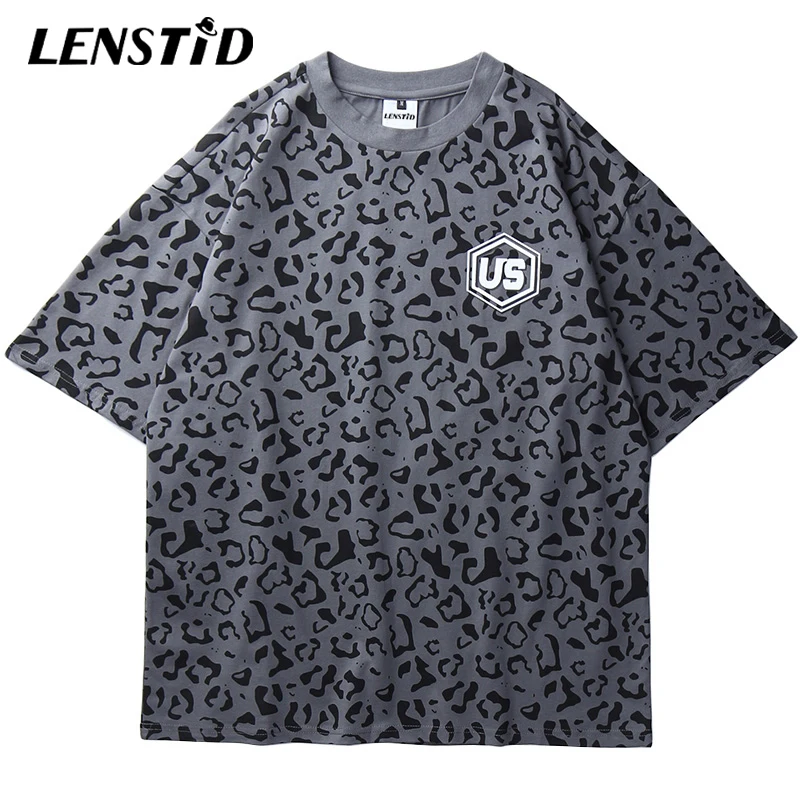 Уличная одежда LENSTID 2020 в стиле хип хоп футболка оверсайз с леопардовым принтом