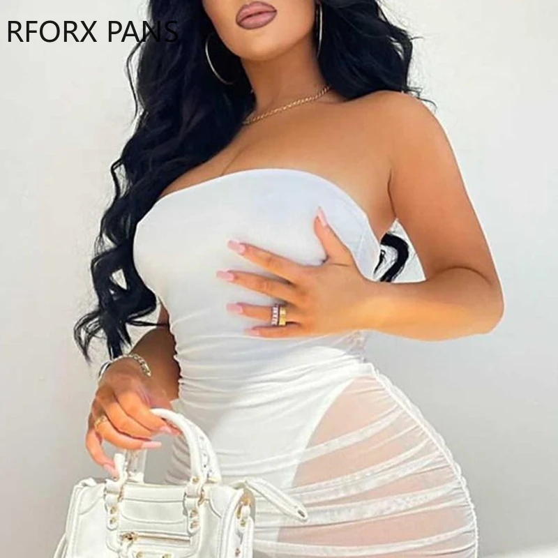 

Women Solid Strapless Fold Perspective Mesh Bodycon Sexy Party White Dress