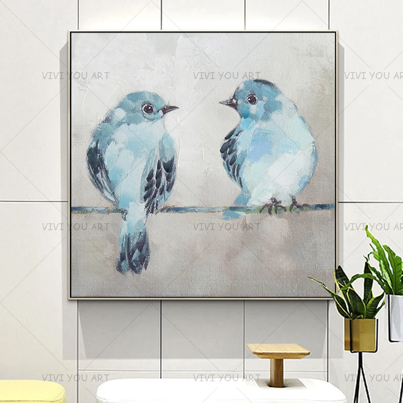 

New Lovely Animal Bird Couple Oil Painting on Canvas Acrylic Wall Handpainted Home Quadros Decoracion for Living Room Gifts
