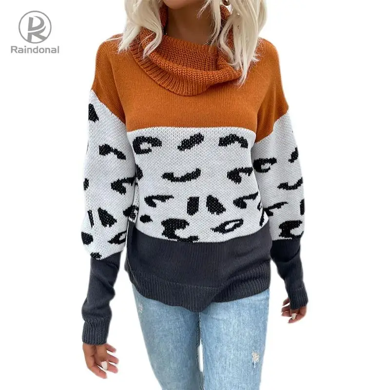 

Autumn New 2022 Middle East Women's Turtleneck Knitted Sweater Turtleneck Leopard Print Sweater traf y2k Pullover Dress Clothing