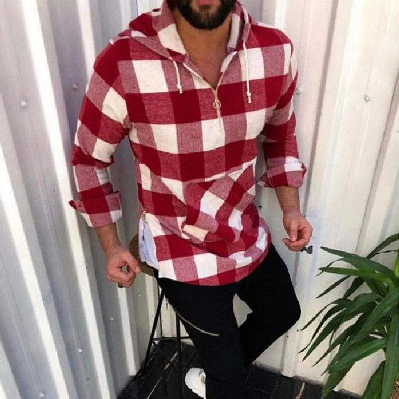 

2021 Autumn Men's Casual Hooded Shirts Fashion Plaid Printing Long Sleeve Loose Pullover Hoodie Zip-up Shirt Tops Men Streetwear