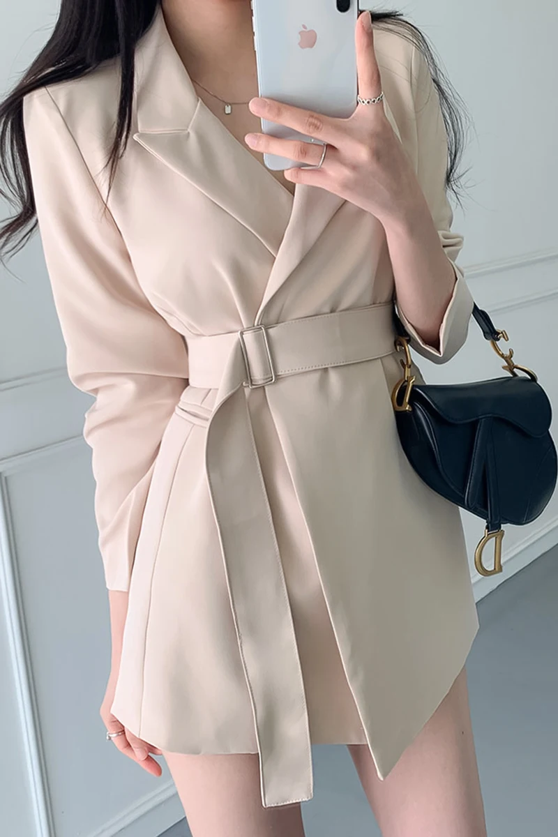 

2021 Spring New Ladies Elegant Simple And Stylish Blazer Collar Solid Color Long Sleeve Sashes Waist Slim Suit Coat Women