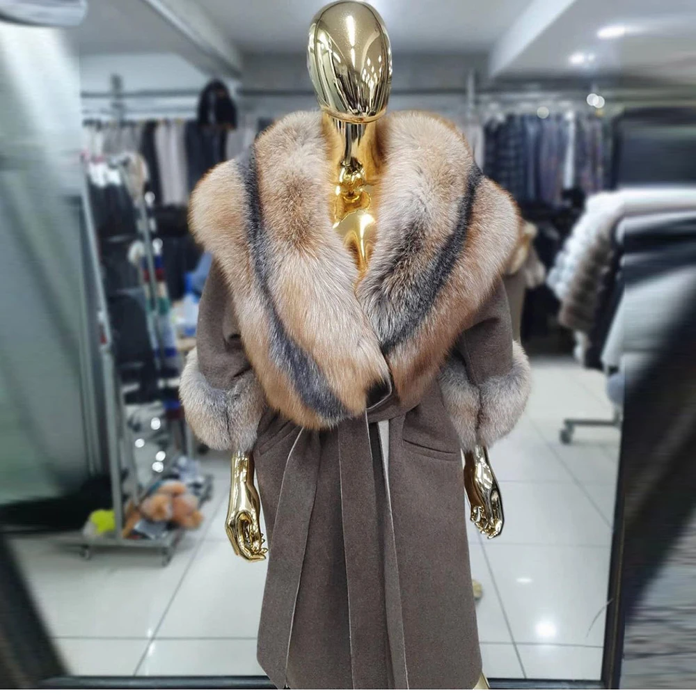 2021 New Women's Wool Coat Real Fox Fur Collar Wrap Coat High Quality Elegant Fashion Winter Thick Warm Plus Size Long Coats enlarge