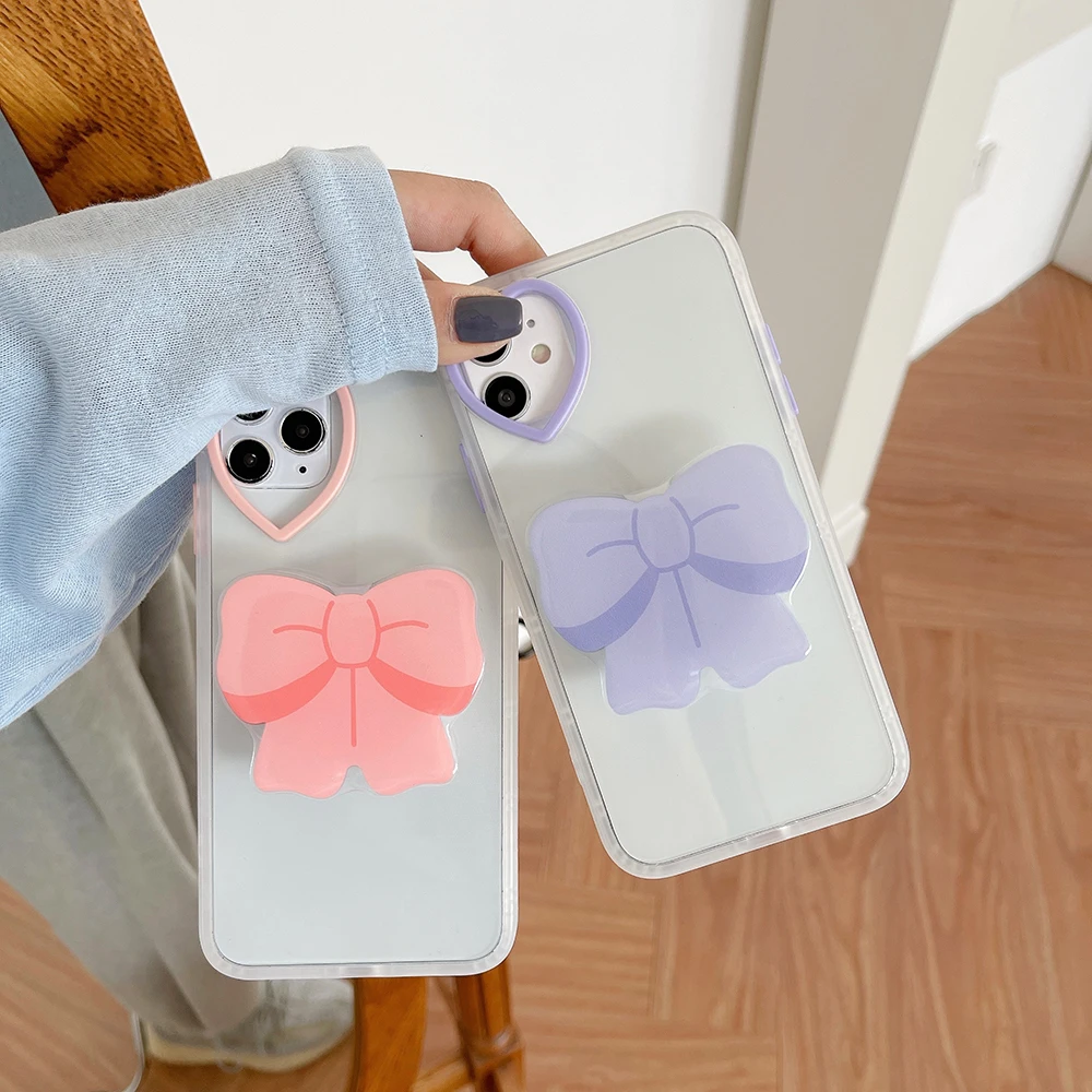 

KQCCY Original Love Heart Bowknot Stent Silicone Phone Case for Iphone 11 12 Pro Max Mini XR XS X 7 8 Plus Back Cover Soft