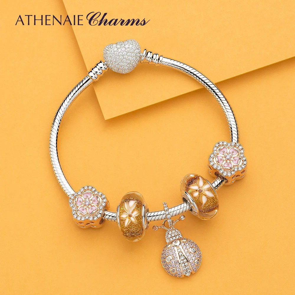 ATHENAIE, модный, 925 пробы, серебряный, прозрачный, CZ, счастливый, розовый, божья коровка, подвеска, подвеска, подходит для браслета, ожерелье, розовое золото, сделай сам, ювелирное изделие