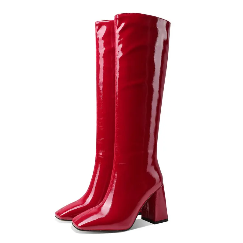 

Black Red Fashion Patent Leather High Heel Women Boots Autumn Winter Square Toe Knee High Boots Slip On Reflective Woman Boots